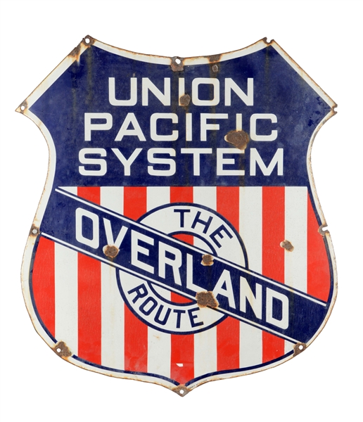 EARLY UNION PACIFIC SYSTEM PORCELAIN SHIELD SIGN. 