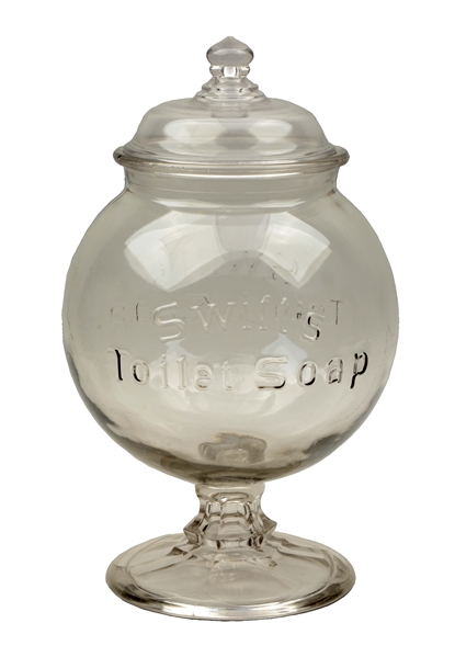 "SWIFTS TOILET SOAP" ADVERTISING PEDESTAL JAR WITH LID. 