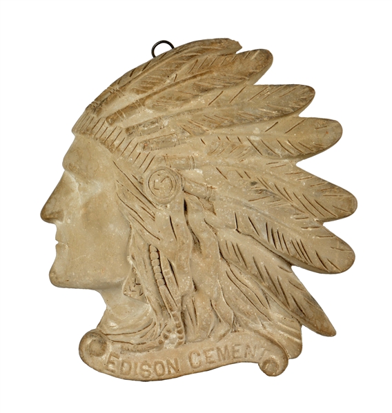 EDISON CEMENT FIGURAL INDIAN HEAD WALL PLAQUE.