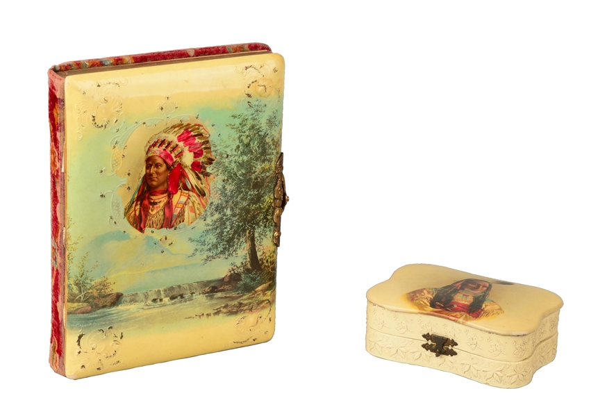 LOT OF 2: INDIAN MOTIF CELLULOID PIPE BOX AND PHOTO ALBUM.