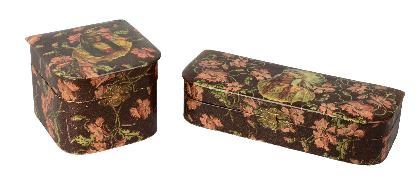 LOT OF 2: INDIAN MOTIF CELLULOID MENS COLLAR & TIE BOXES.