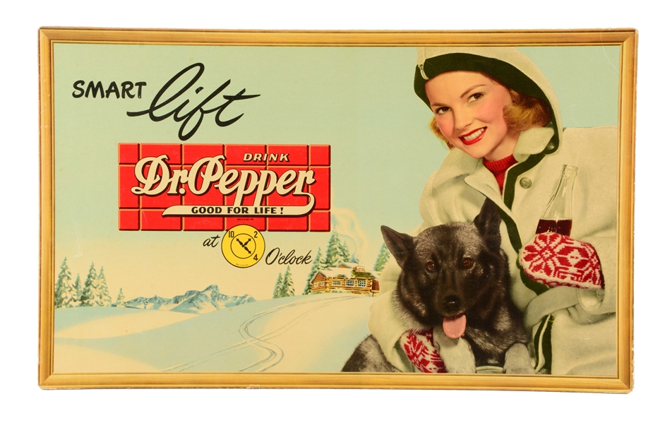 1940S DR. PEPPER SMALL POSTER GIRL WITH DOG.