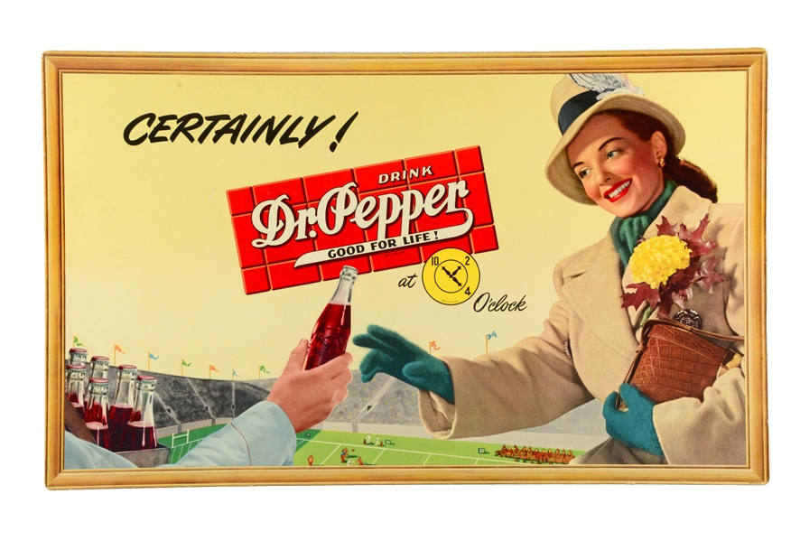 1940S DR. PEPPER POSTER WITH GIRL AT FOOTBALL GAME.