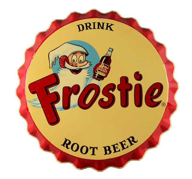 TIN DRINK FROSTIE ROOT BEER BUTTON SIGN. 