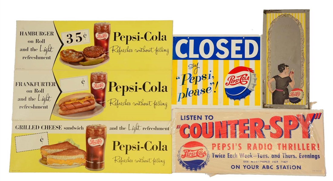 LOT OF 6: ASSORTED PEPSI SIGNS.