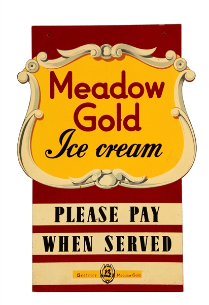 1940S TO 1950S MEADOW GOLD MASONITE ICE CREAM SIGN.