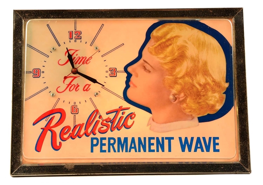 1950S REALISTIC LIGHTED CLOCK AND SIGN.