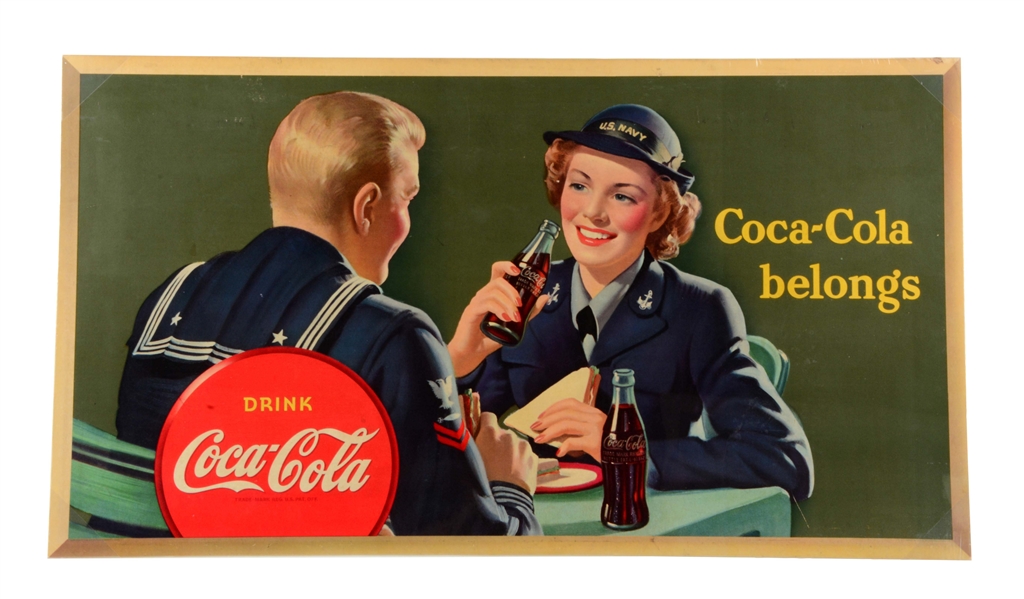 1943 COCA-COLA BELONGS CARDBOARD POSTER.