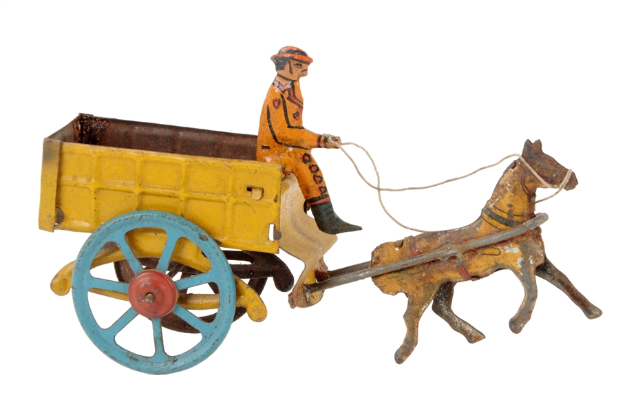 GERMAN TIN LITHO HORSE DRAWN PENNY TOY. 