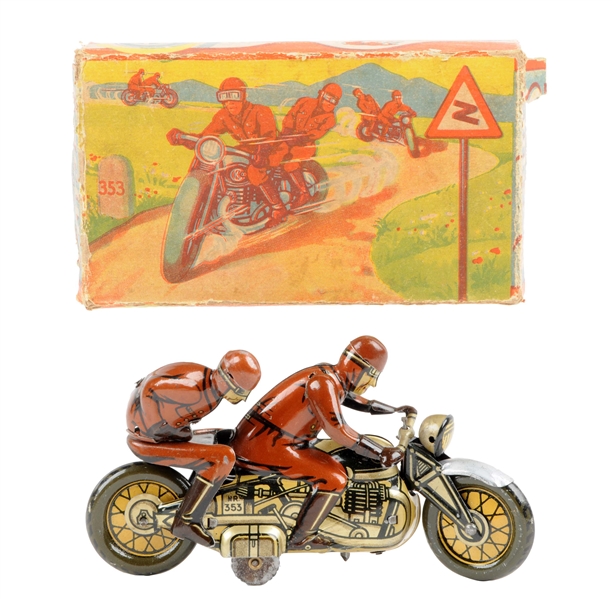 GERMAN CKO TIN LITHO WIND-UP MOTORCYCLE TOY.