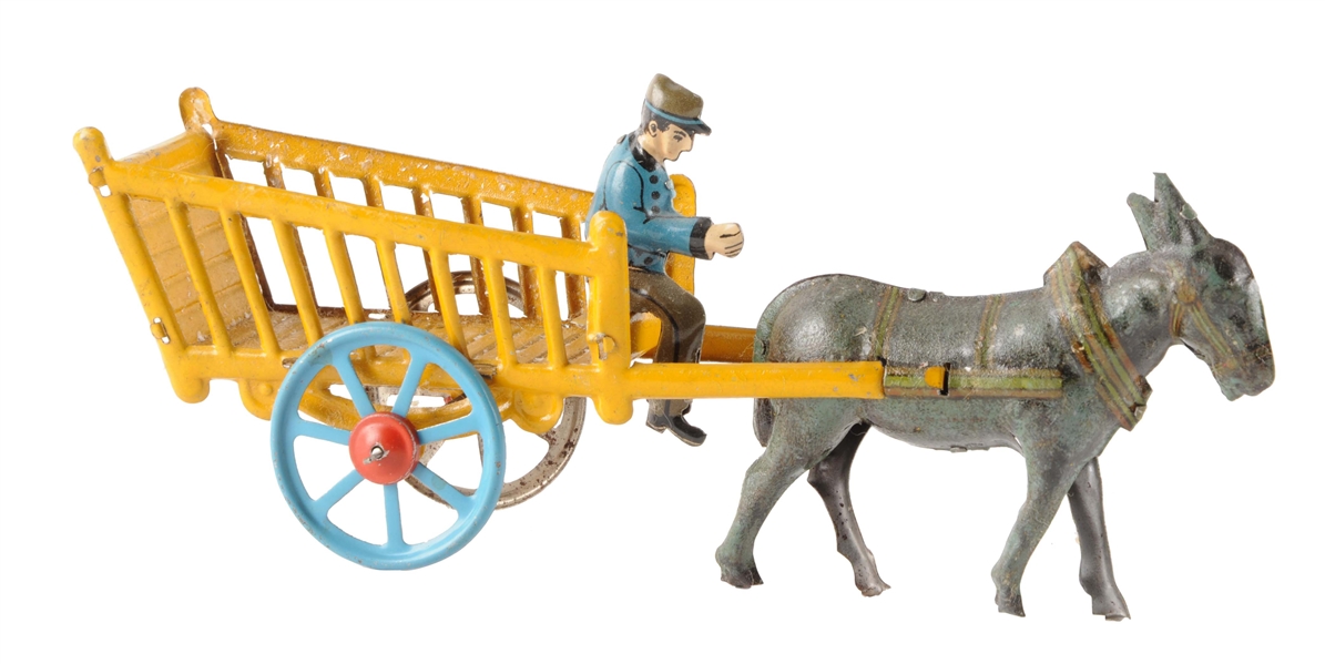 GERMAN TIN LITHO DONKEY DRAWN WAGON PENNY TOY.