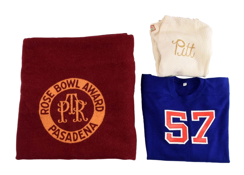LOT OF 3: 1930S ROSE BOWL BLANKET, PITT PANTHERS SWEATER & ALL AMERICAN JERSEY. 