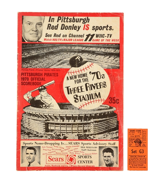 LOT OF 2: 1970 PITTSBURGH PIRATES LAST GAME AT FORBES FIELD PROGRAM & TICKET STUB.