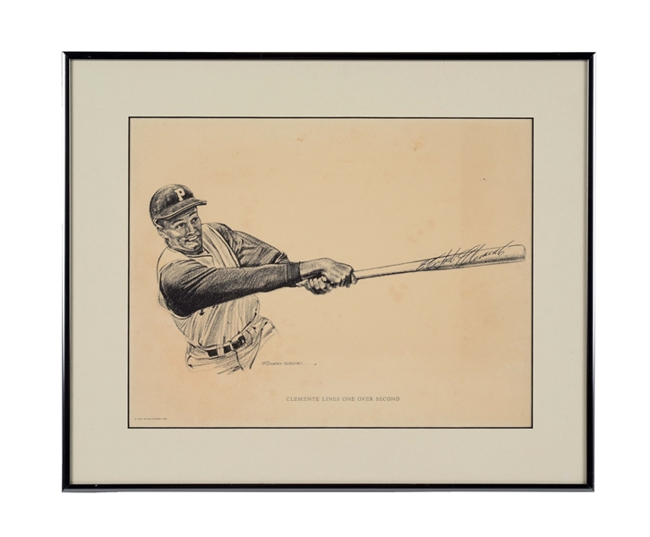 ROBERTO CLEMENTE SIGNED "LINES ONE OVER SECOND" PROMOTIONAL PRINT.
