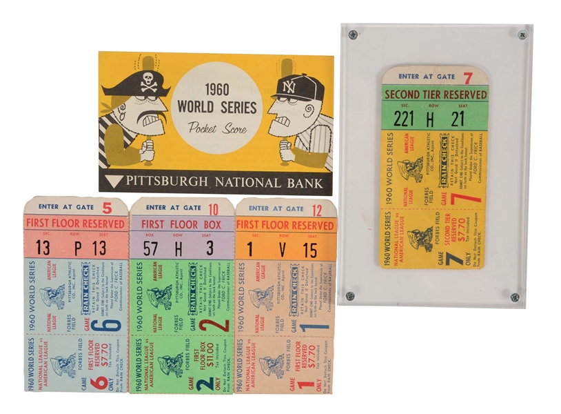 LOT OF 5: 1960 WORLD SERIES TICKETS STUBS & SCORE CARD COLLECTION - INCLUDING GAME 7.
