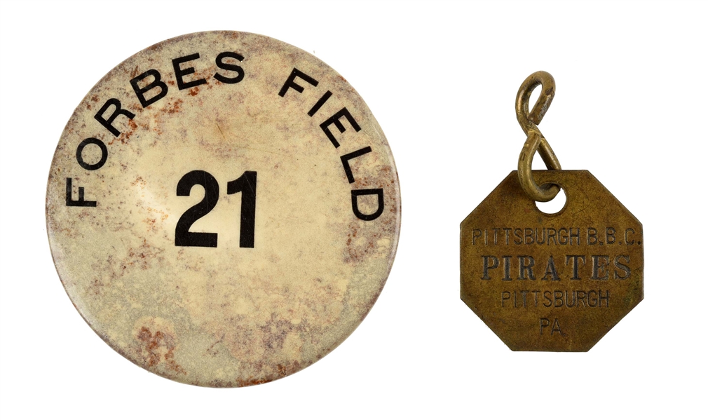 LOT OF 2: 21 FORBES FIELD VENDOR PIN & EARLY PITTSBURGH PIRATES LOCKER KEY FOB. 