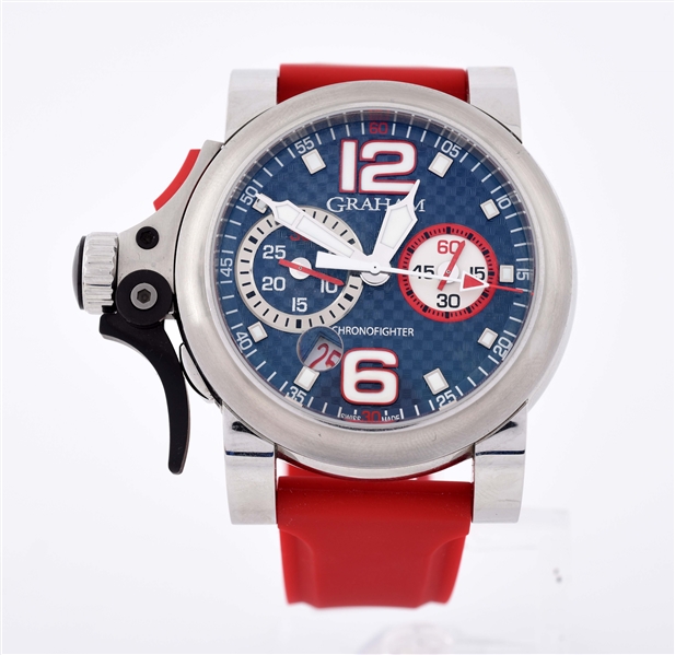 GRAHAM CHRONOFIGHTER WITH BLUE CARBON DIAL AND RED STRAP