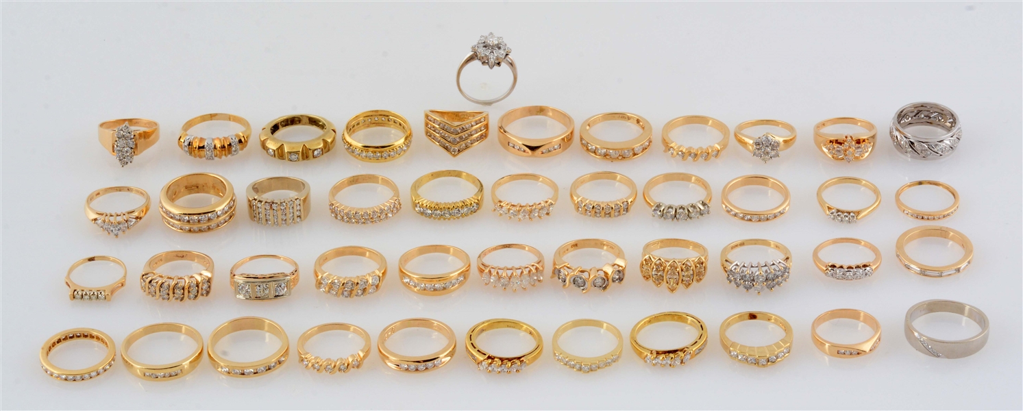 LARGE LOT OF 45 GOLD RINGS WITH DIAMOND SETTINGS