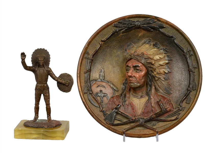 LOT OF 2: NATIVE AMERICAN SCULPTURE AND WALL CHARGER.