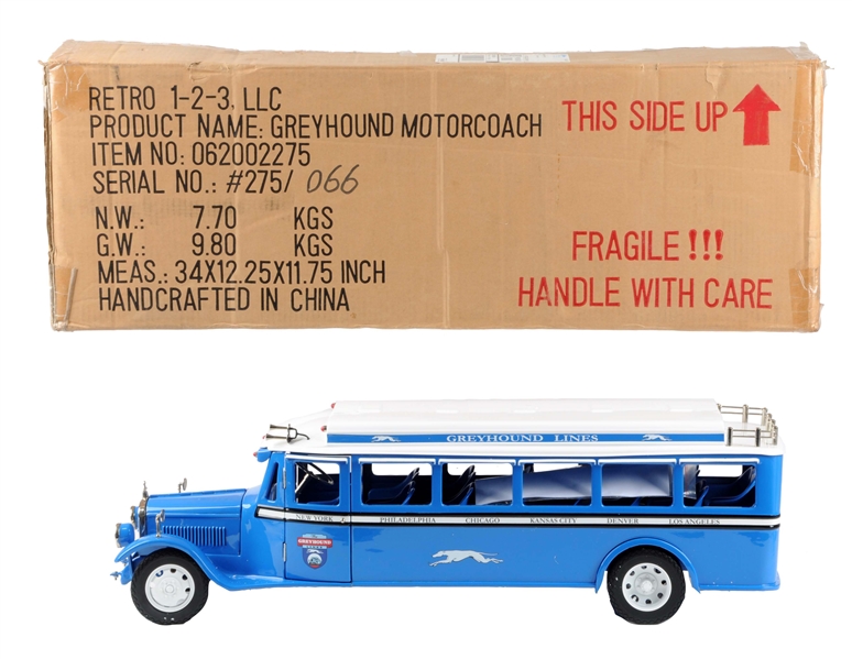 CONTEMPORARY PRESSED STEEL GREYHOUND MOTOR COACH WITH BOX.