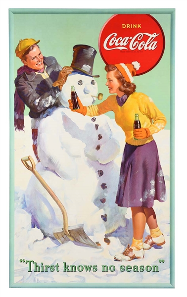 LARGE COCA-COLA SNOWMAN CARDBOARD ADVERTISING SIGN.