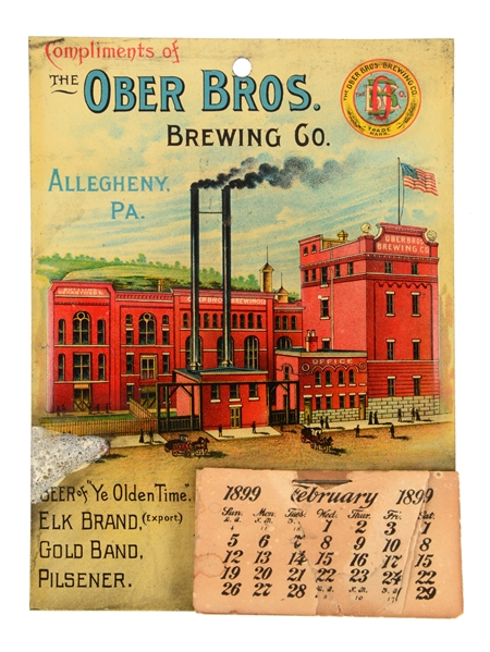 1899 OBER BROS BREWING CO. EMBOSSED TIN CALENDAR. 