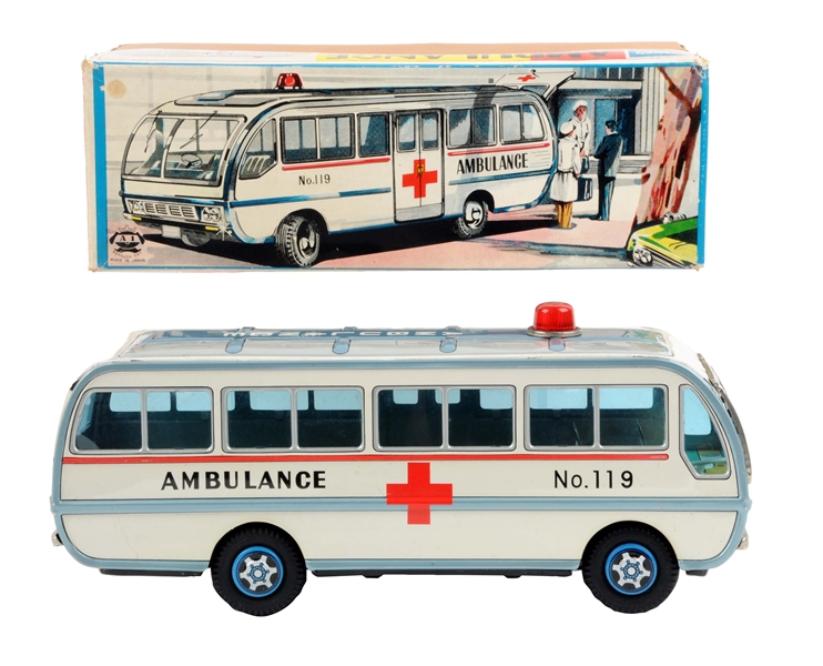 JAPANESE TIN LITHO FRICTION AMBULANCE TOY.