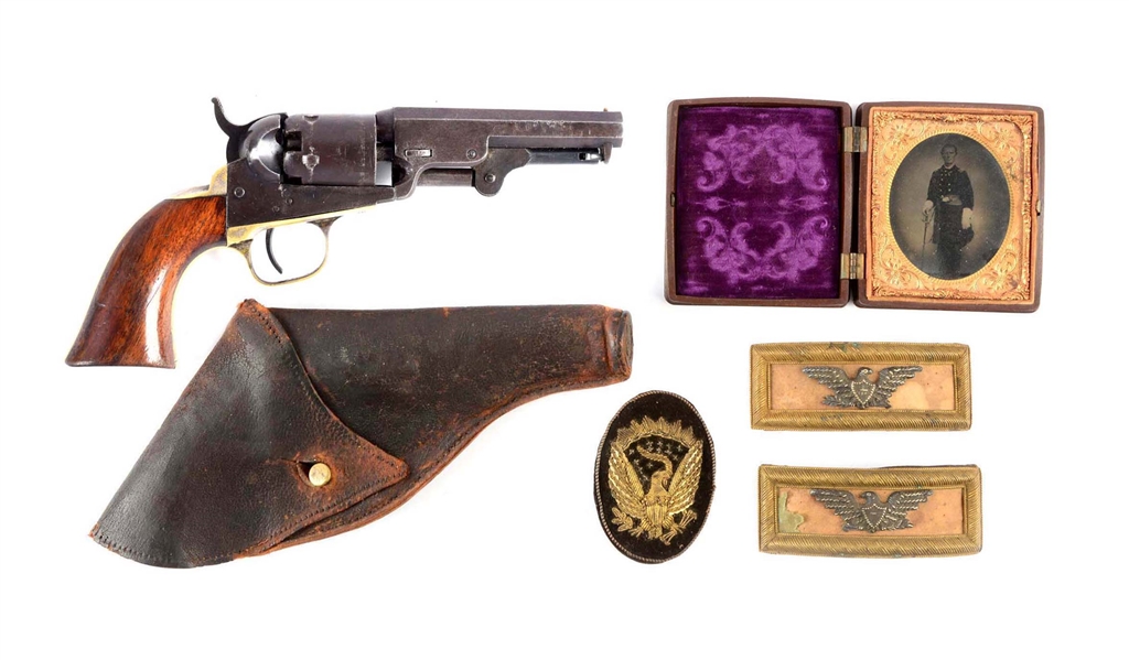 (A) IDENTIFIED COLT MODEL 1849 PERCUSSION POCKET REVOLVER WITH ACCESSORIES.