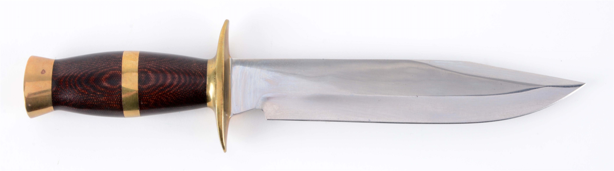 J.N. COOPER FIGHTING KNIFE WITH MICARTA AND BRASS HANDLE.