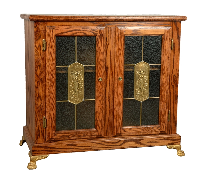 GLASS FRONT OAK DOUBLE SLOT MACHINE STAND. 