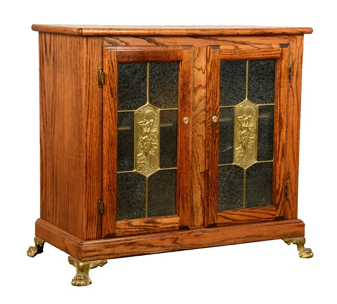 GLASS FRONT OAK DOUBLE SLOT MACHINE STAND.