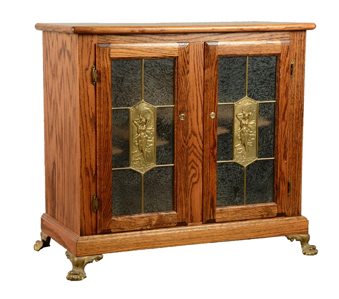 GLASS FRONT OAK DOUBLE SLOT MACHINE STAND.