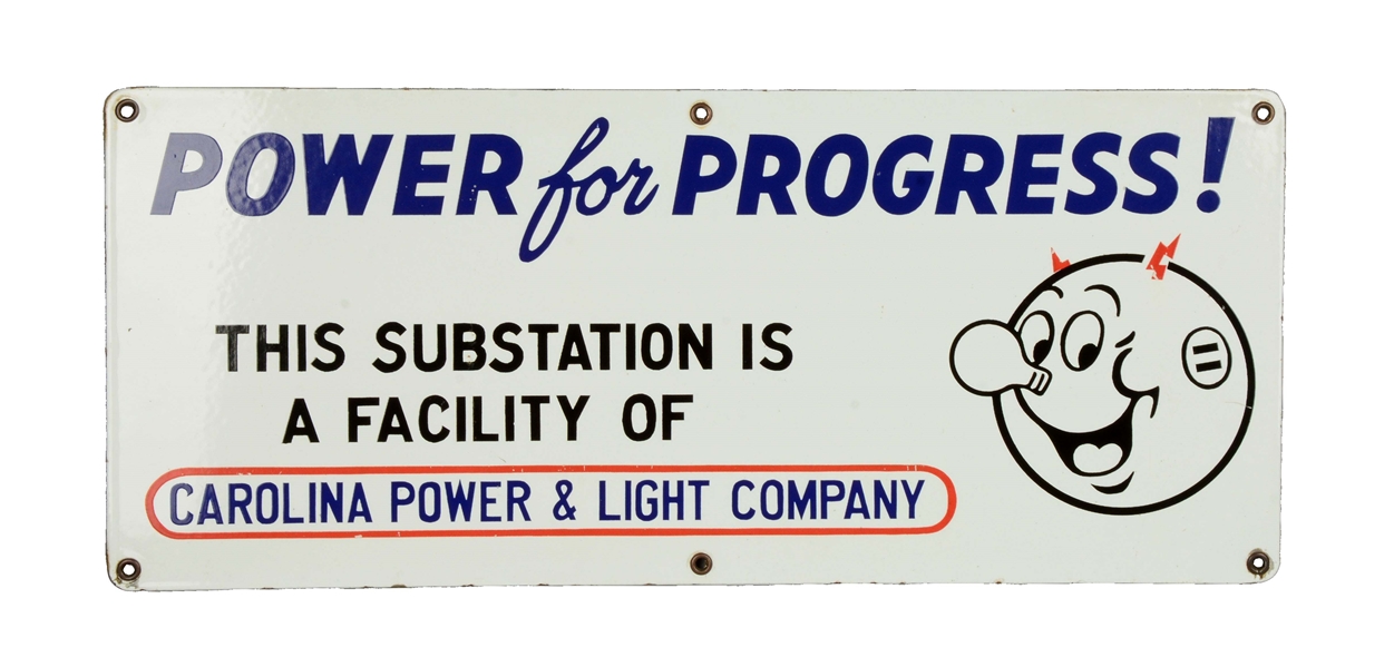CAROLINA POWER AND LIGHT COMPANY REDDY KILOWATT PORCELAIN SIGN.