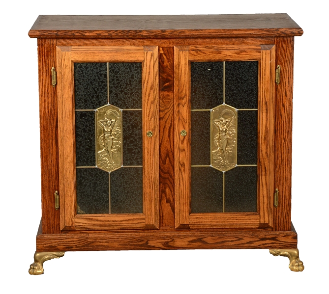 DOUBLE GLASS DOOR OAK SLOT MACHINE STAND WITH NUDE WOMAN.