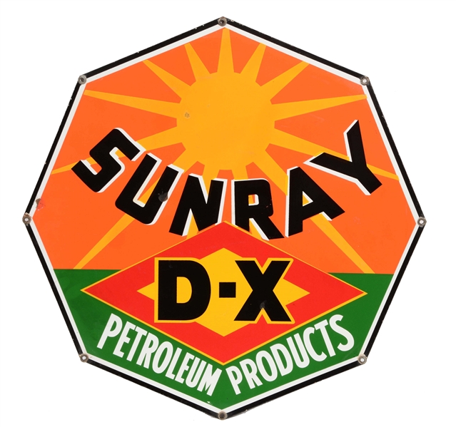 SUNRAY D-X PETROLEUM PRODUCTS PORCELAIN DIECUT SIGN.