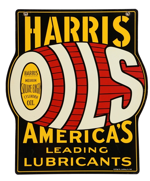 HARRIS OILS AMERICANS LEADING LUBRICANTS DIECUT METAL SIGN.
