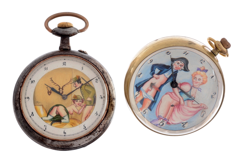 LOT OF 2: EROTICA POCKET WATCHES.