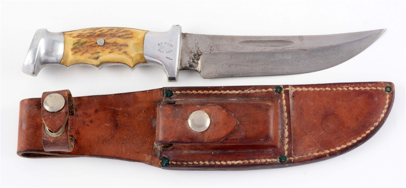 R.H. RUANA SMALL KNIFE MARK FINGER NOTCHED STAG HANDLE.