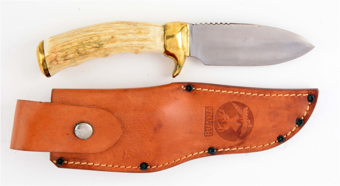 R.H. RUANA BRASS #1 STAG HANDLED WITH FINGER NOTCHES CUSTOM FIXED BLADE.