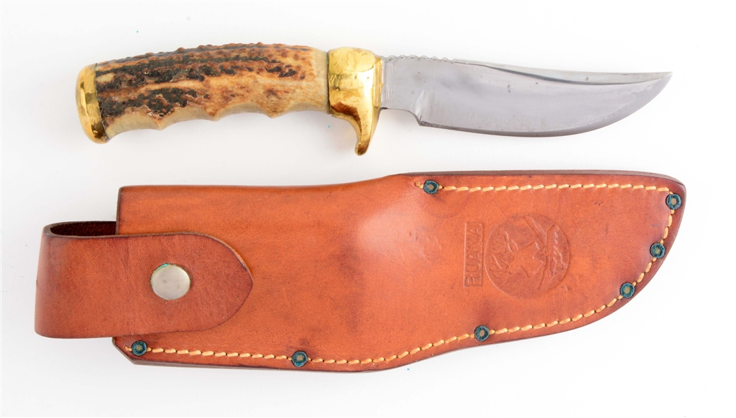 R.H. RUANA CUSTOM BRASS #2 FINGER NOTCHED STAG HANDLE.