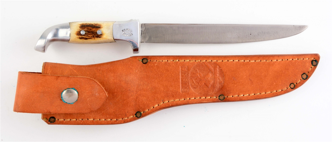 R.H. RUANA STAG HANDLED FILET KNIFE.