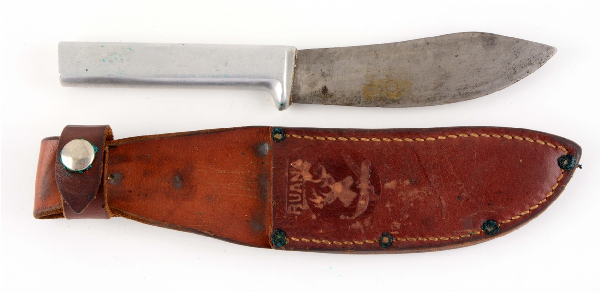 R.H. RUANA ALUMINUM HANDLE FIXED BLADE WITH LETTER AND PHOTO.