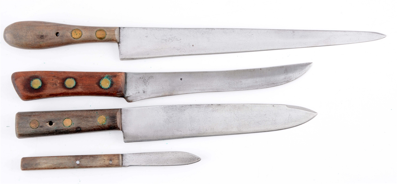 LOT OF 4: R.H. RUANA VARIOUS KITCHEN KNIVES WITH WOOD HANDLES.