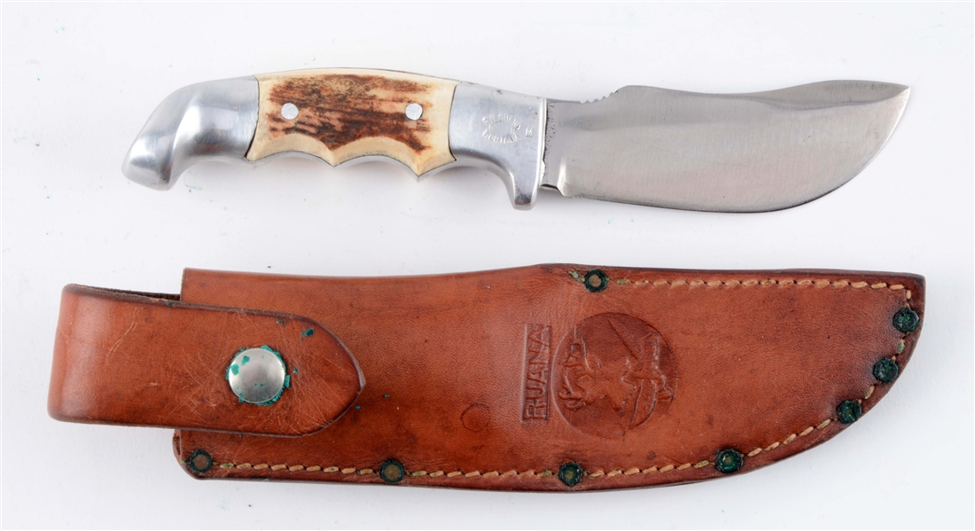 R.H. RUANA SCARCE FINGER NOTCH STAG HANDLED SKINNER WITH "M" MARK.