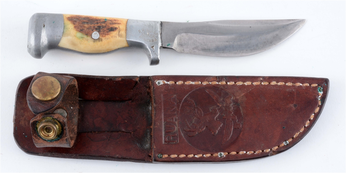 R.H. RUANA SMALL STAG HANDLED FIXED BLADE WITH "T" MARK.