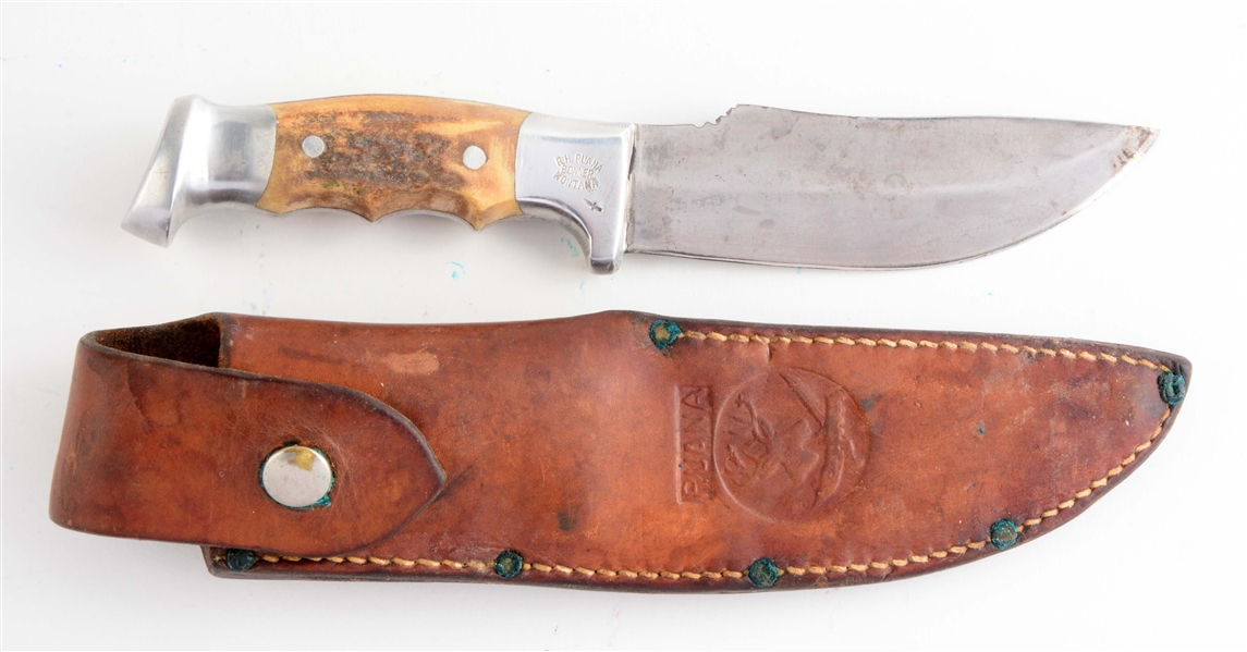 R.H. RUANA STAG FINGER NOTCHED HANDLE 28CD LITTLE KNIFE STAMP.