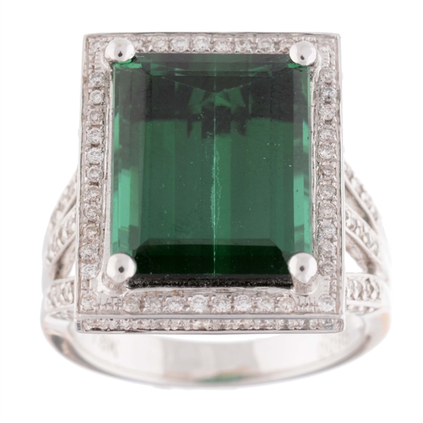 18K WHITE GOLD EMERALD CUT GREEN ZOISTIE & DIAMOND RING.