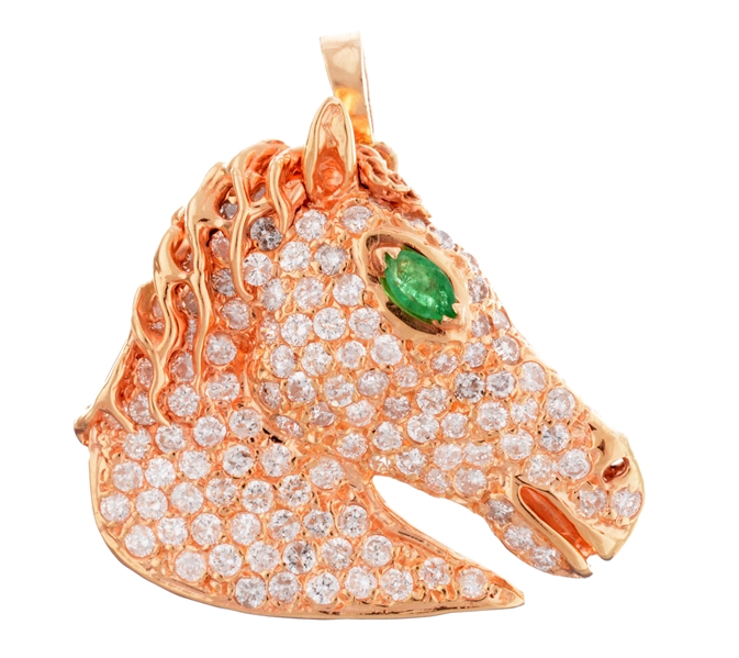 18K YELLOW GOLD HORSE BROOCH & PENDANT W/EMERALD EYE & DIAMOND BODY.