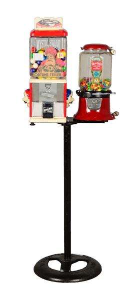  LOT OF 2: 1¢ GUM BALL VENDING MACHINES WITH STAND.