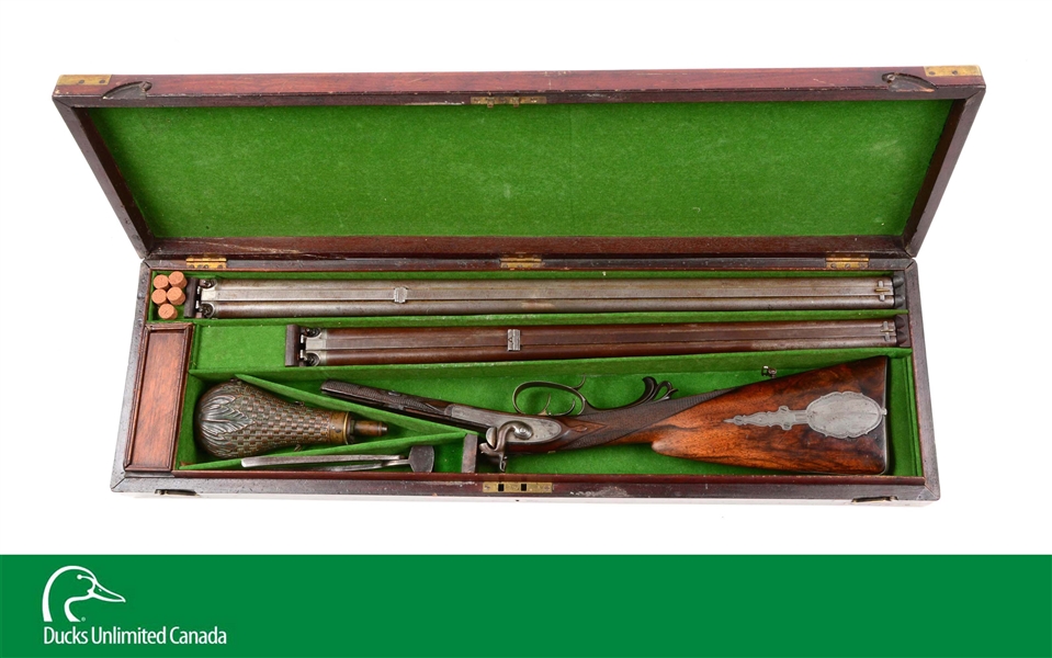 (A^) CASED GERMAN PERCUSSION DOUBLE RIFLE TWO-BARREL SET BY J.E. HOERNING.